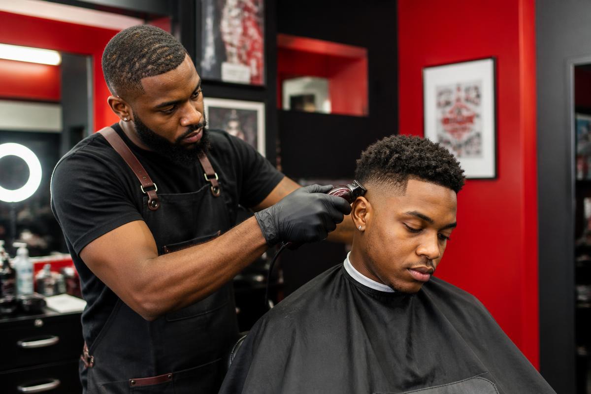 Barber giving a clean fade haircut in a modern red-and-black shop