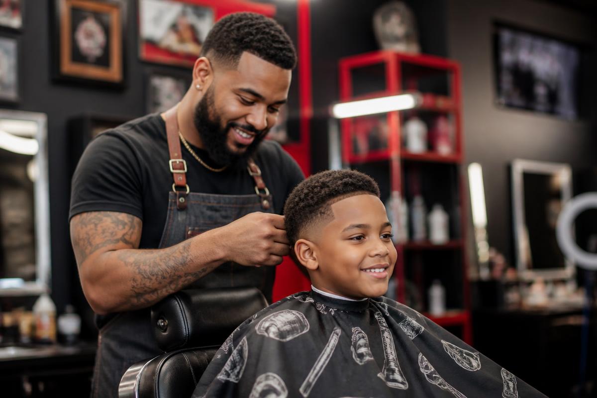 Barber giving a smiling young client a kids fade haircut